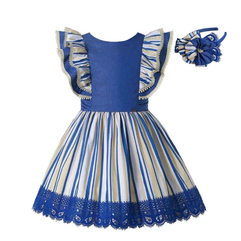Blue & White Striped Ruffle Dress with Headband